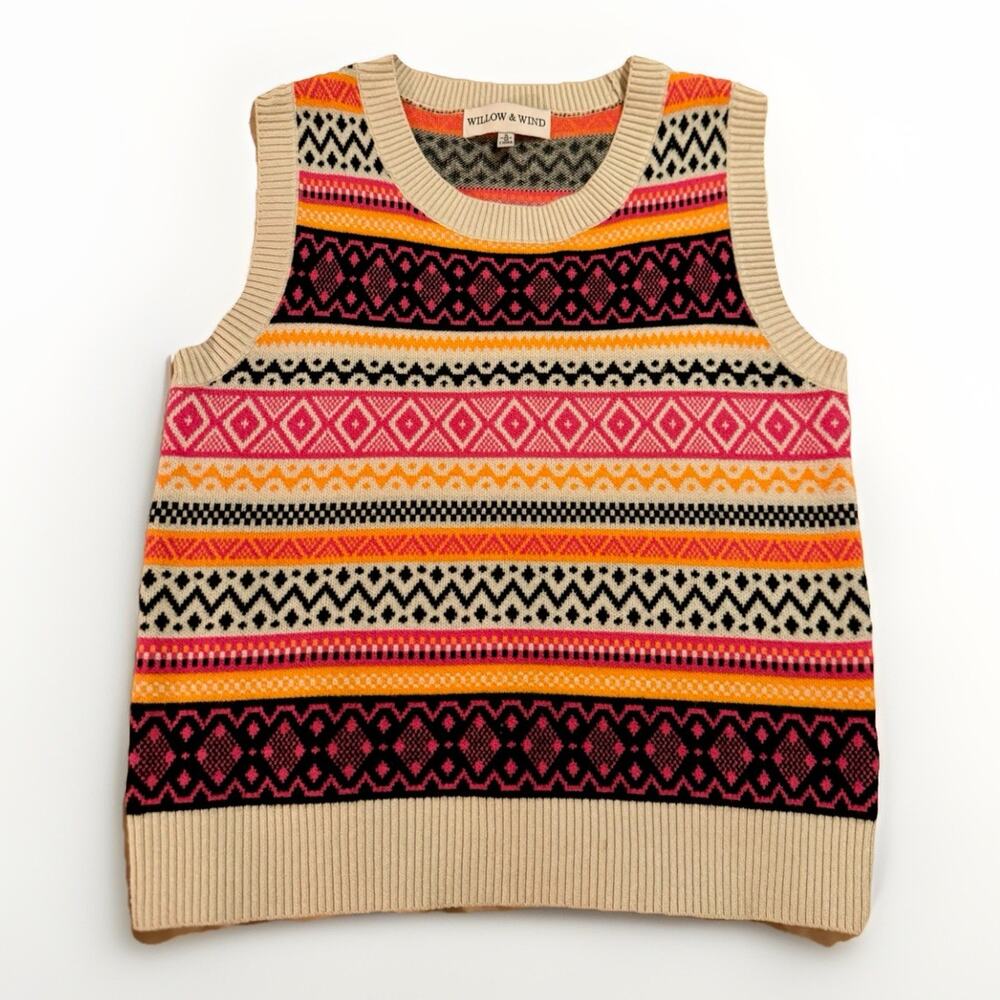 Women’s Willow & Wind Fair Isle Sweater Vest Pink Orange Nordic Knit Preppy Y2K